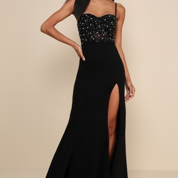 Luxe Allure Black Beaded Rhinestone Bustier Maxi Dress - Picture 1 of 1